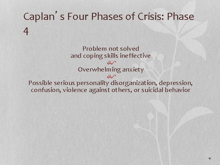 Caplan’s Four Phases of Crisis: Phase 4 Problem not solved and coping skills ineffective