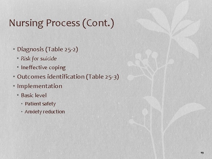 Nursing Process (Cont. ) • Diagnosis (Table 25 -2) • Risk for suicide •