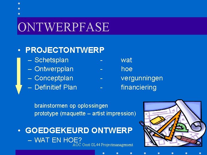 ONTWERPFASE • PROJECTONTWERP – – Schetsplan Ontwerpplan Conceptplan Definitief Plan - wat hoe vergunningen