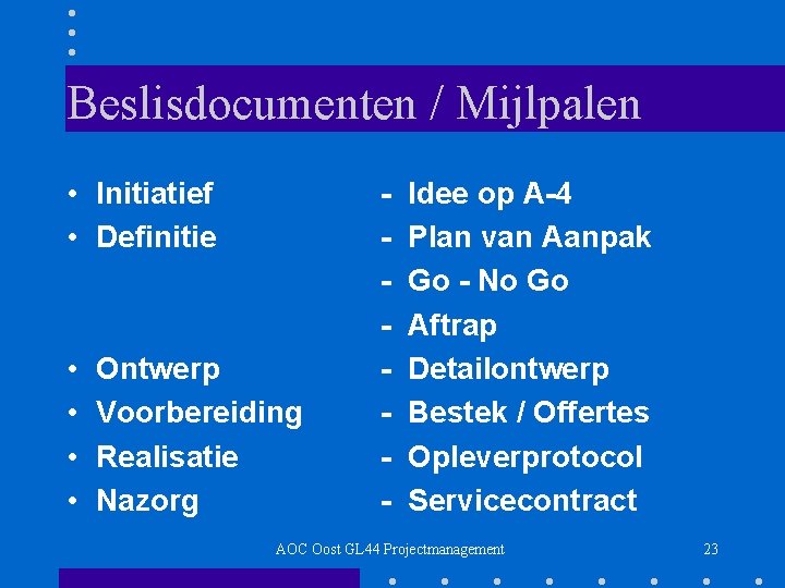 Beslisdocumenten / Mijlpalen • Initiatief • Definitie • • Ontwerp Voorbereiding Realisatie Nazorg -