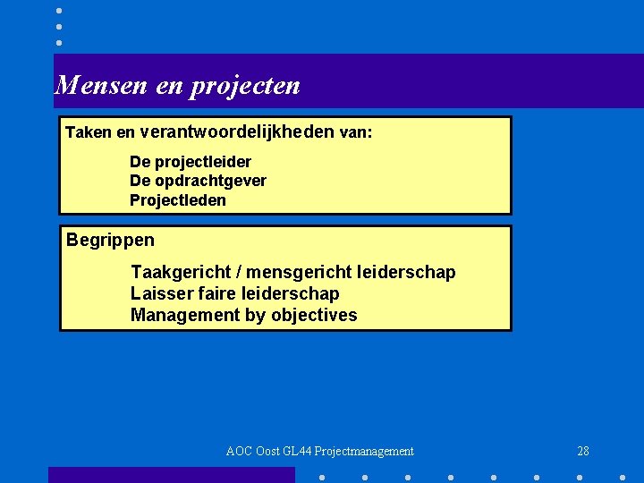 Mensen en projecten Taken en verantwoordelijkheden van: De projectleider De opdrachtgever Projectleden Begrippen Taakgericht