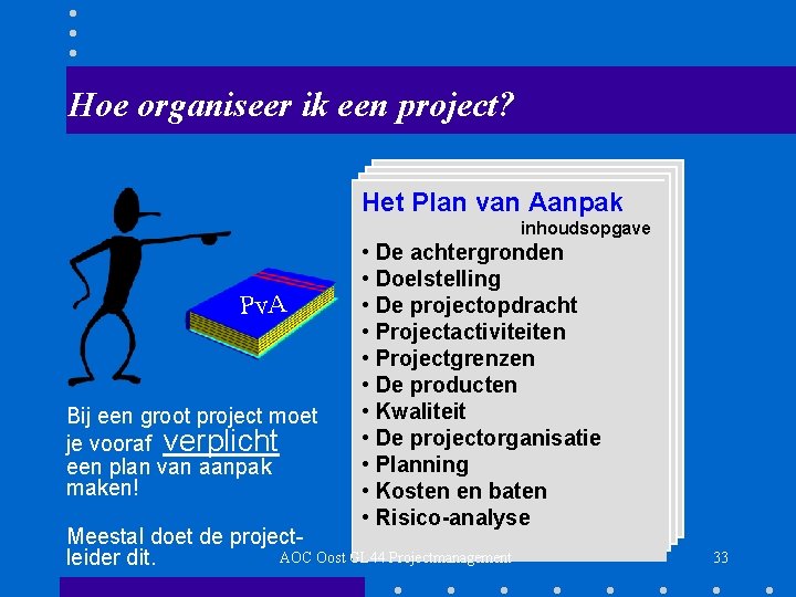 Hoe organiseer ik een project? Het Plan van Aanpak inhoudsopgave Pv. A Bij een