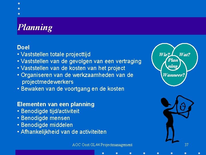 Planning Doel • Vaststellen totale projecttijd • Vaststellen van de gevolgen van een vertraging