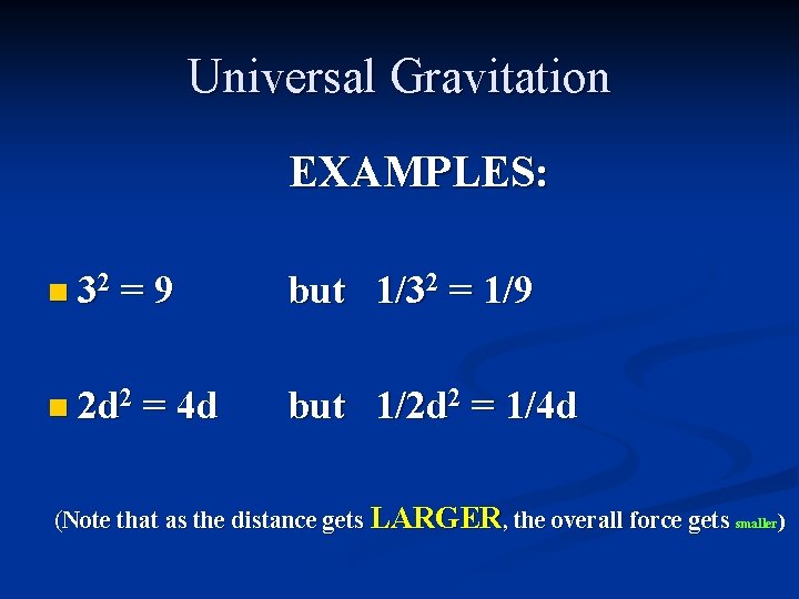 Universal Gravitation EXAMPLES: n 32 =9 n 2 d 2 = 4 d but