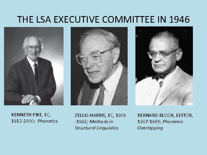 THE LSA EXECUTIVE COMMITTEE IN 1946 KENNETH PIKE, EC, 1912 -2000; Phonetics ZELLIG HARRIS, THE LSA EXECUTIVE COMMITTEE IN 1946 KENNETH PIKE, EC, 1912 -2000; Phonetics ZELLIG HARRIS,