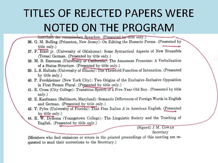 TITLES OF REJECTED PAPERS WERE NOTED ON THE PROGRAM TITLES OF REJECTED PAPERS WERE NOTED ON THE PROGRAM