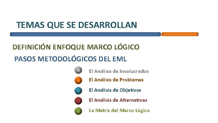 TEMAS QUE SE DESARROLLAN DEFINICIÓN ENFOQUE MARCO LÓGICO PASOS METODOLÓGICOS DEL EML El Análisis