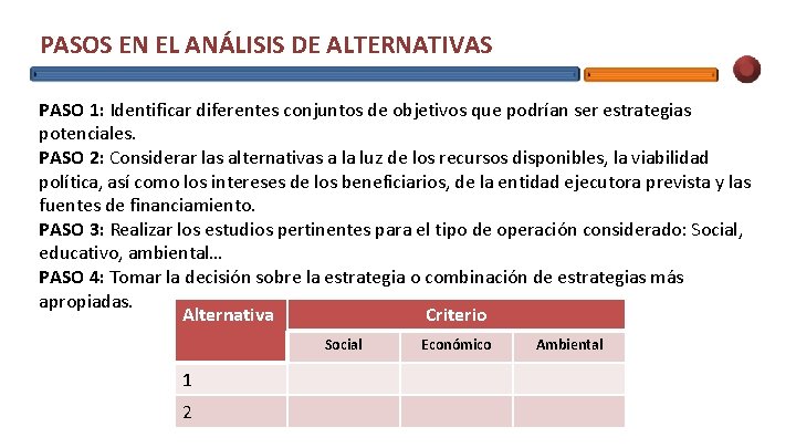 PASOS EN EL ANÁLISIS DE ALTERNATIVAS PASO 1: Identificar diferentes conjuntos de objetivos que