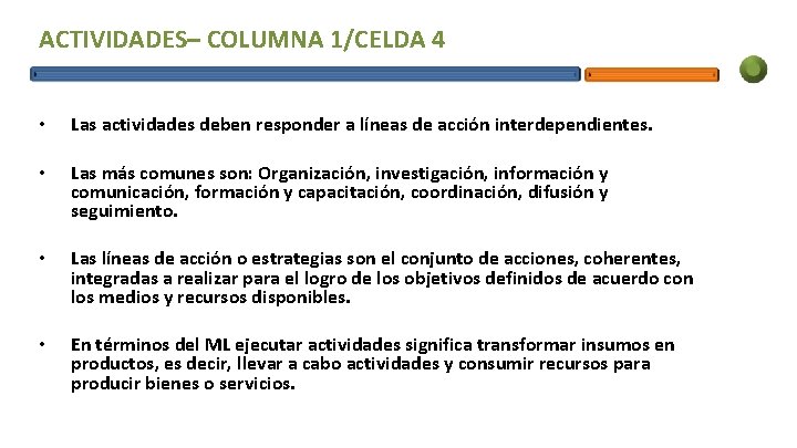 ACTIVIDADES– COLUMNA 1/CELDA 4 • Las actividades deben responder a líneas de acción interdependientes.