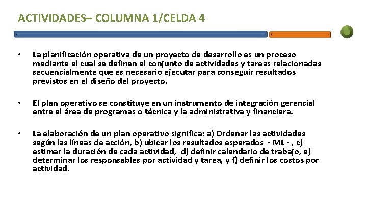 ACTIVIDADES– COLUMNA 1/CELDA 4 • La planificación operativa de un proyecto de desarrollo es