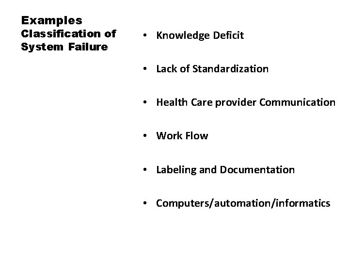 Examples Classification of System Failure • Knowledge Deficit • Lack of Standardization • Health