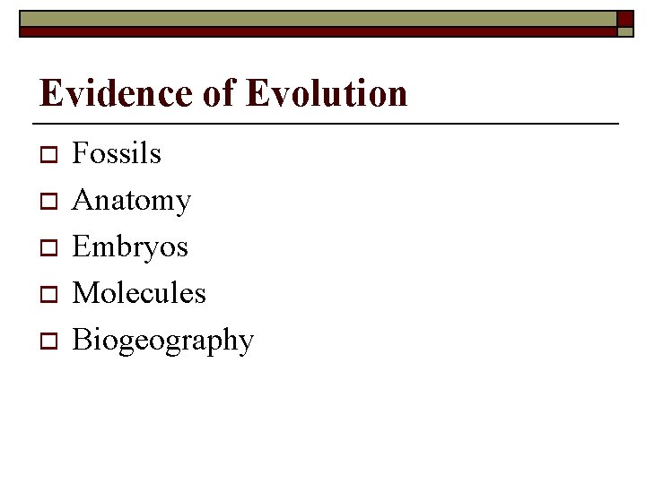 Evidence of Evolution o o o Fossils Anatomy Embryos Molecules Biogeography 