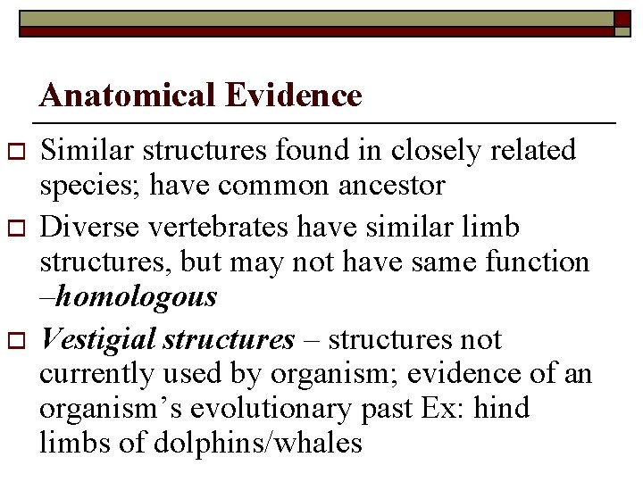 Anatomical Evidence o o o Similar structures found in closely related species; have common