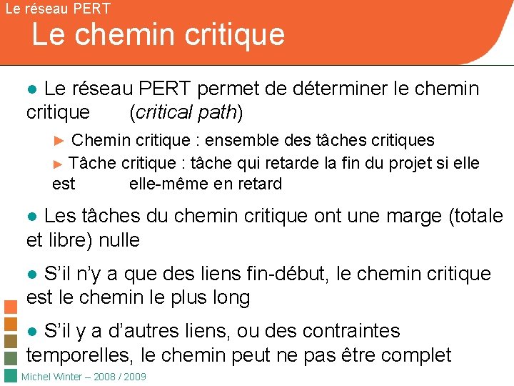 Le réseau PERT Le chemin critique ● Le réseau PERT permet de déterminer le