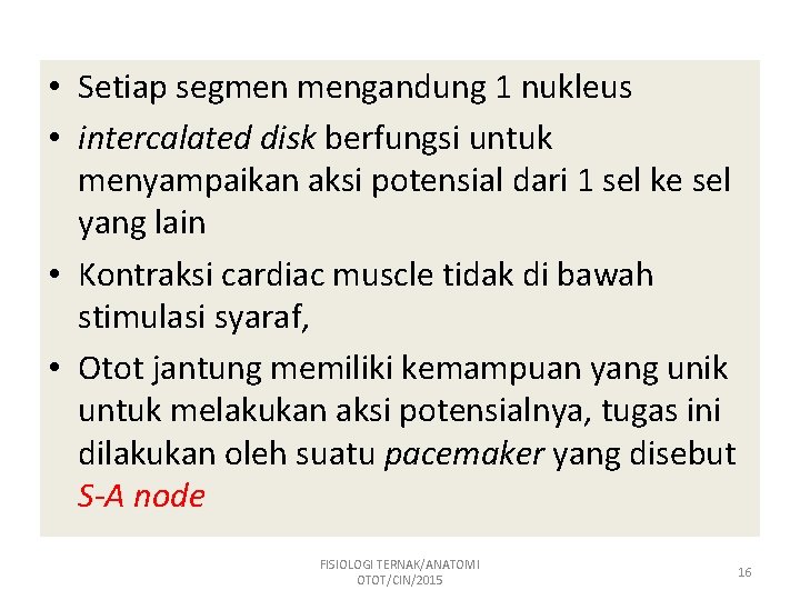  • Setiap segmen mengandung 1 nukleus • intercalated disk berfungsi untuk menyampaikan aksi