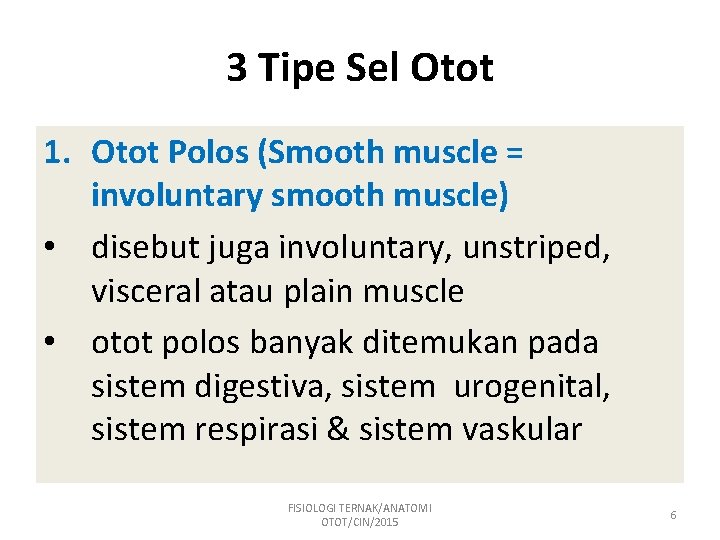 3 Tipe Sel Otot 1. Otot Polos (Smooth muscle = involuntary smooth muscle) •