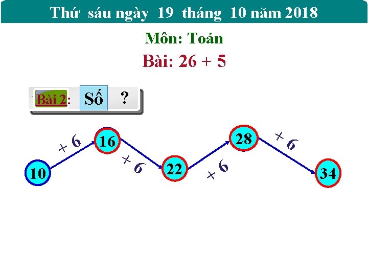 Thứ sáu ngày 19 tháng 10 năm 2018 Môn: Toán Bài: 26 + 5