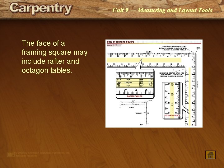 Unit 9 — Measuring and Layout Tools The face of a framing square may