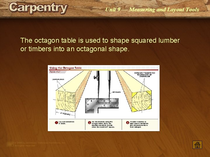 Unit 9 — Measuring and Layout Tools The octagon table is used to shape