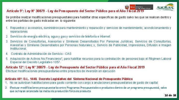 Artículo 9°: Ley N° 30879 - Ley de Presupuesto del Sector Público para el