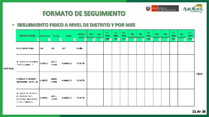 FORMATO DE SEGUIMIENTO • SEGUIMIENTO FISICO A NIVEL DE DISTRITO Y POR MES continua