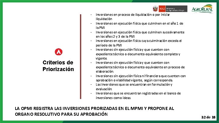 - Criterios de Priorización - Inversiones en proceso de liquidación o por iniciar liquidación