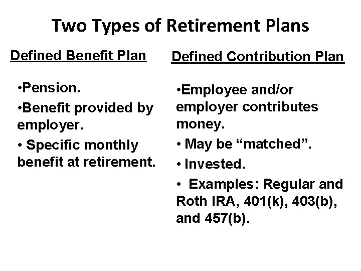 Two Types of Retirement Plans Defined Benefit Plan • Pension. • Benefit provided by