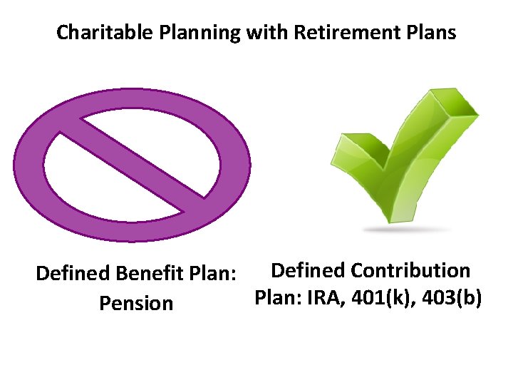 Charitable Planning with Retirement Plans Defined Contribution Defined Benefit Plan: IRA, 401(k), 403(b) Pension