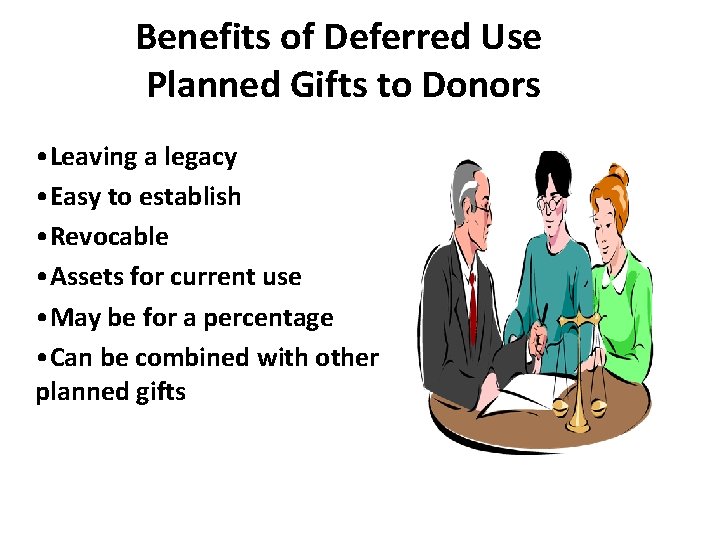 Benefits of Deferred Use Planned Gifts to Donors • Leaving a legacy • Easy