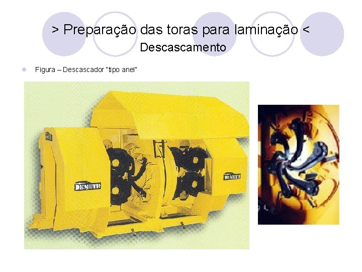 > Preparação das toras para laminação < Descascamento l Figura – Descascador “tipo anel”