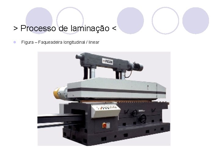 > Processo de laminação < l Figura – Faqueadeira longitudinal / linear 