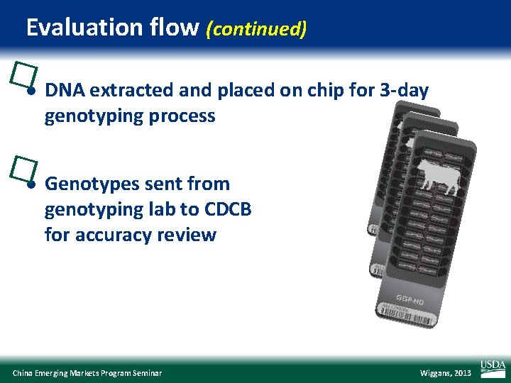 Evaluation flow (continued) �l DNA extracted and placed on chip for 3 -day genotyping