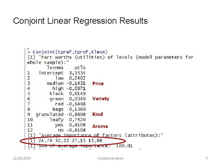 Conjoint Linear Regression Results Price Variety Kind Aroma 11/28/2020 Conjoint Analysis 7 