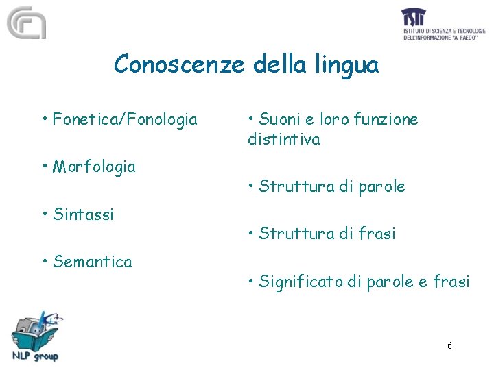 Conoscenze della lingua • Fonetica/Fonologia • Morfologia • Sintassi • Semantica • Suoni e