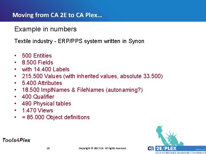 Moving from CA 2 E to CA Plex… Example in numbers Textile industry - Moving from CA 2 E to CA Plex… Example in numbers Textile industry -