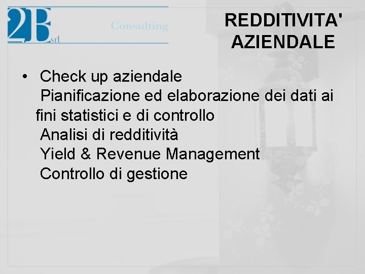 REDDITIVITA' AZIENDALE • Check up aziendale Pianificazione ed elaborazione dei dati ai fini statistici