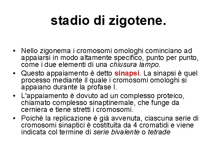 stadio di zigotene. • Nello zigonema i cromosomi omologhi cominciano ad appaiarsi in modo