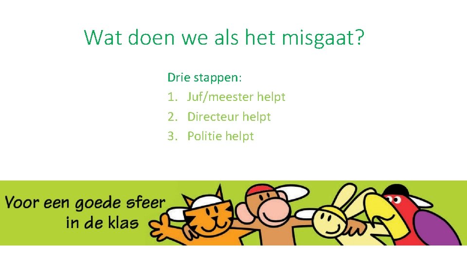 Wat doen we als het misgaat? Drie stappen: 1. Juf/meester helpt 2. Directeur helpt