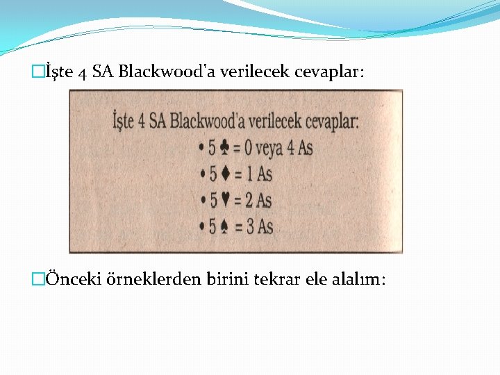 �İşte 4 SA Blackwood'a verilecek cevaplar: �Önceki örneklerden birini tekrar ele alalım: 