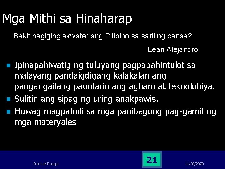 Mga Mithi sa Hinaharap Bakit nagiging skwater ang Pilipino sa sariling bansa? Lean Alejandro Mga Mithi sa Hinaharap Bakit nagiging skwater ang Pilipino sa sariling bansa? Lean Alejandro
