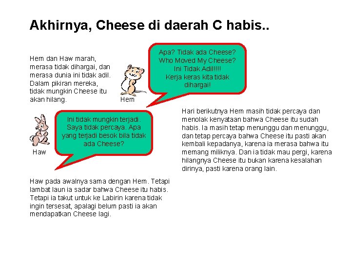 Akhirnya, Cheese di daerah C habis. . Hem dan Haw marah, merasa tidak dihargai,