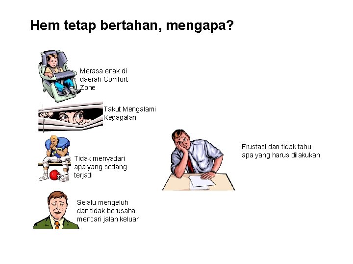 Hem tetap bertahan, mengapa? Merasa enak di daerah Comfort Zone Takut Mengalami Kegagalan Tidak