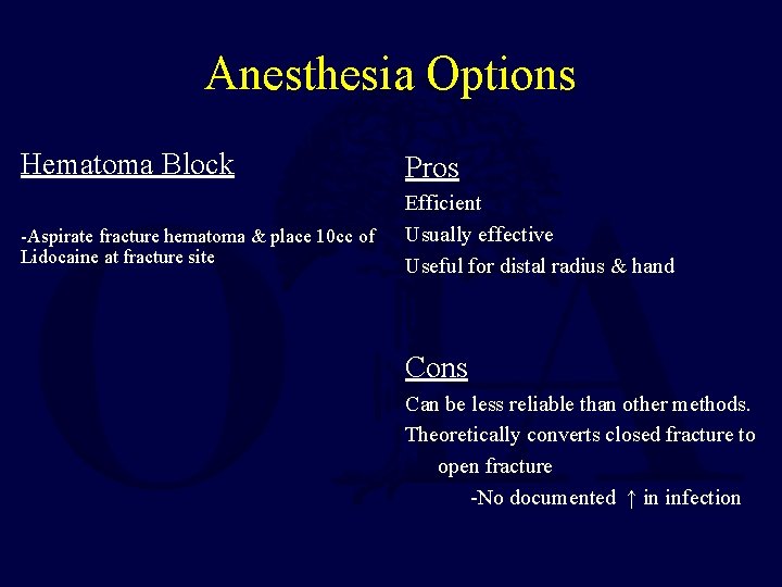 Anesthesia Options Hematoma Block Pros -Aspirate fracture hematoma & place 10 cc of Lidocaine Anesthesia Options Hematoma Block Pros -Aspirate fracture hematoma & place 10 cc of Lidocaine