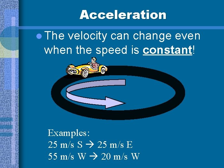 Acceleration l The velocity can change even when the speed is constant! Examples: 25