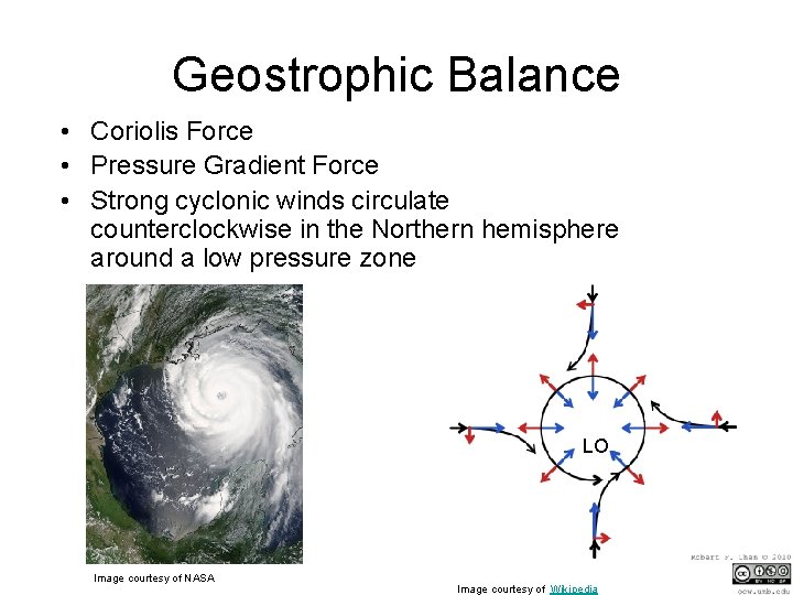 Geostrophic Balance • Coriolis Force • Pressure Gradient Force • Strong cyclonic winds circulate