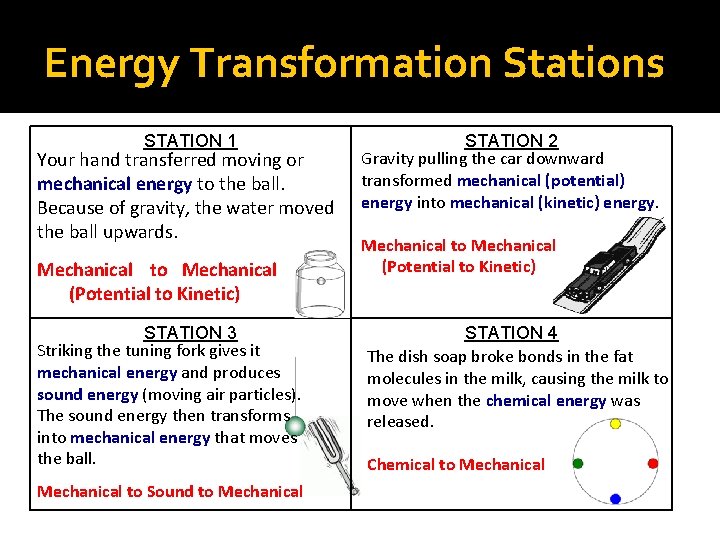 Energy Transformation Stations STATION 1 Your hand transferred moving or mechanical energy to the