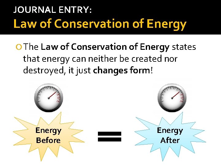 JOURNAL ENTRY: Law of Conservation of Energy The Law of Conservation of Energy states