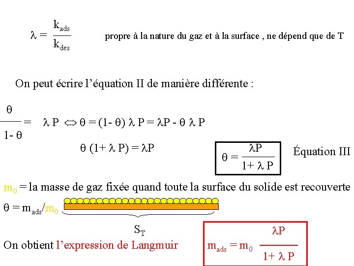 kads = propre à la nature du gaz et à la surface , kads = propre à la nature du gaz et à la surface ,
