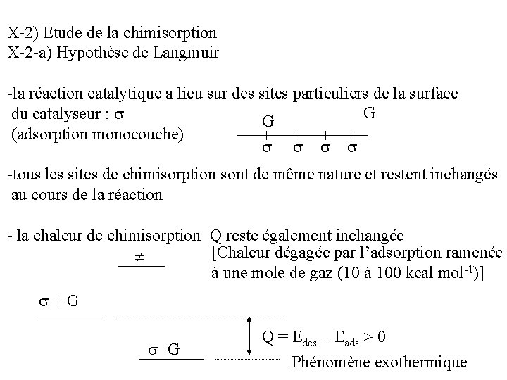 X-2) Etude de la chimisorption X-2 -a) Hypothèse de Langmuir -la réaction catalytique a X-2) Etude de la chimisorption X-2 -a) Hypothèse de Langmuir -la réaction catalytique a