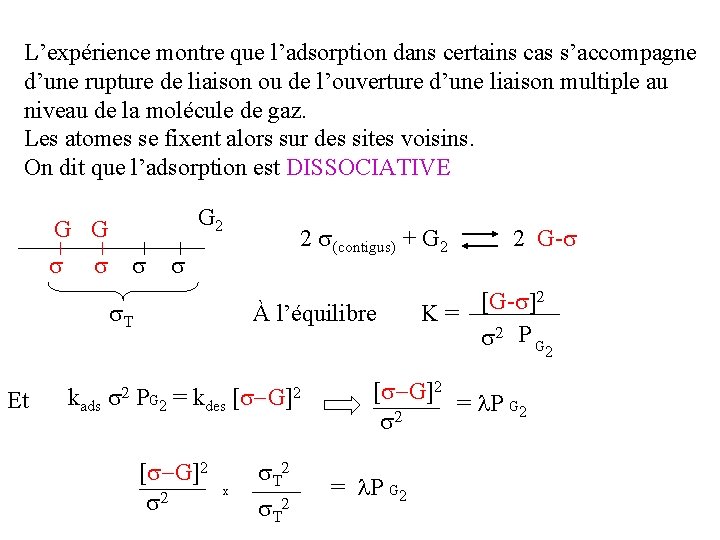 L’expérience montre que l’adsorption dans certains cas s’accompagne d’une rupture de liaison ou de L’expérience montre que l’adsorption dans certains cas s’accompagne d’une rupture de liaison ou de